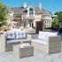 Modern light gray wicker patio sofa set with white cushions, outdoor glass table, luxury home backdrop