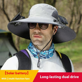 Man wearing wide-brim gray sun hat with solar panels and dual fans, outdoor streetwear style.