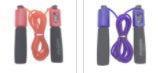 Red and purple adjustable jump ropes with foam handles on white background