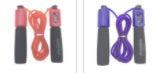 Red and purple adjustable jump ropes with foam handles on white background
