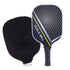 Black honeycomb pattern pickleball paddle with cushioned grip and protective cover