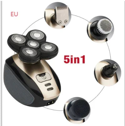 5-in-1 electric grooming kit with interchangeable black and gold shaving, trimming, and cleansing heads.