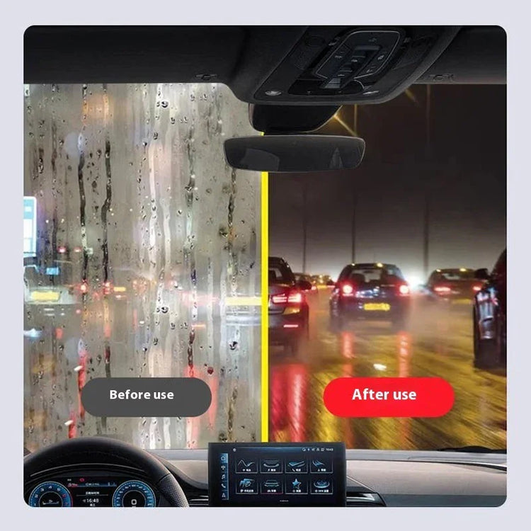 Car windshield showing rainy night, left side blurry before use, right side clear after use