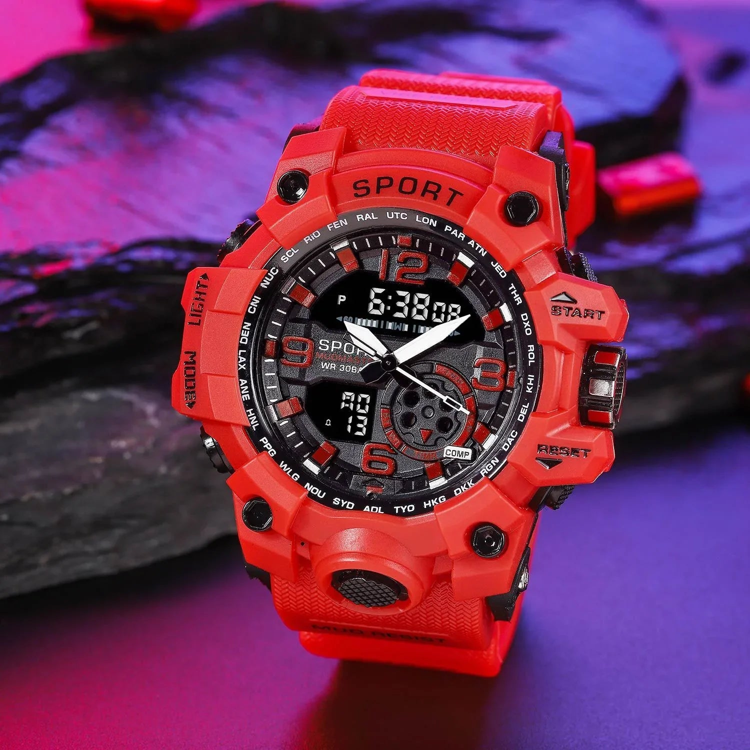 Bold red digital-analog sport watch with rugged resin band and oversized face, modern style