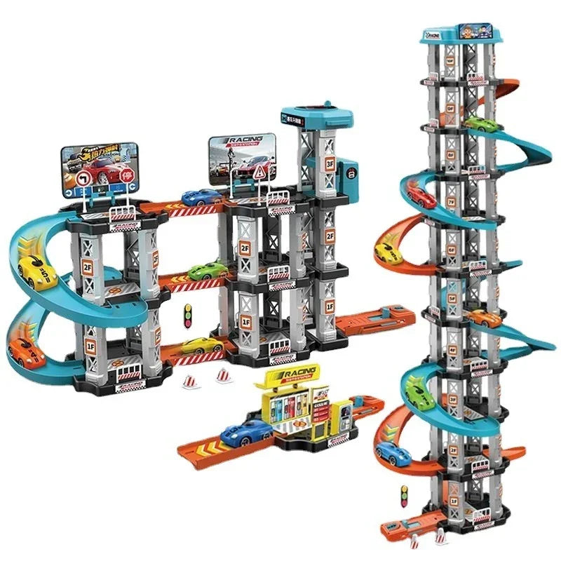 Multi-level plastic toy car garage playset with colorful racing cars and spiral ramps.