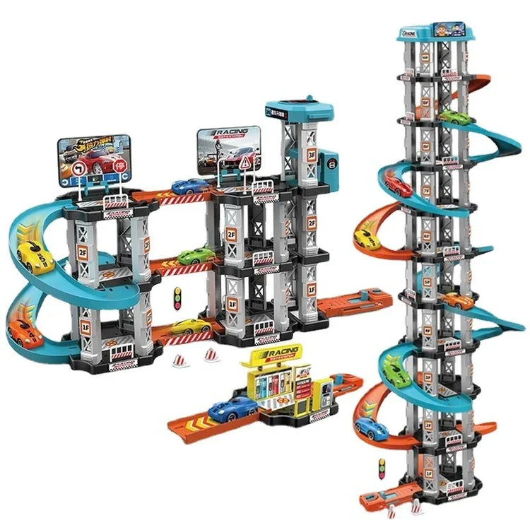 Multi-level plastic toy car garage playset with colorful racing cars and spiral ramps.