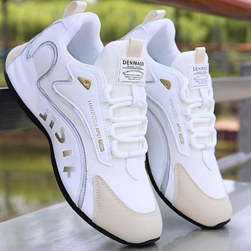 White and beige athletic sneakers with mesh panels, synthetic overlays, and low-top fit