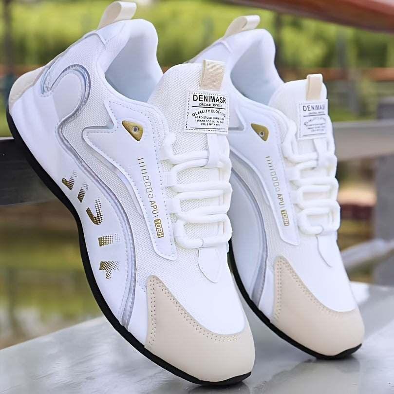 White and beige athletic sneakers with mesh panels, synthetic overlays, and low-top fit