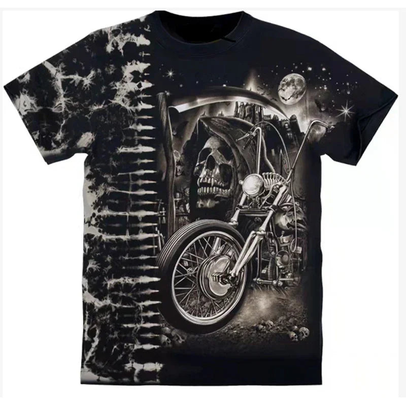 Black graphic t-shirt with skeleton biker, skulls, moon, and tie-dye streetwear design.