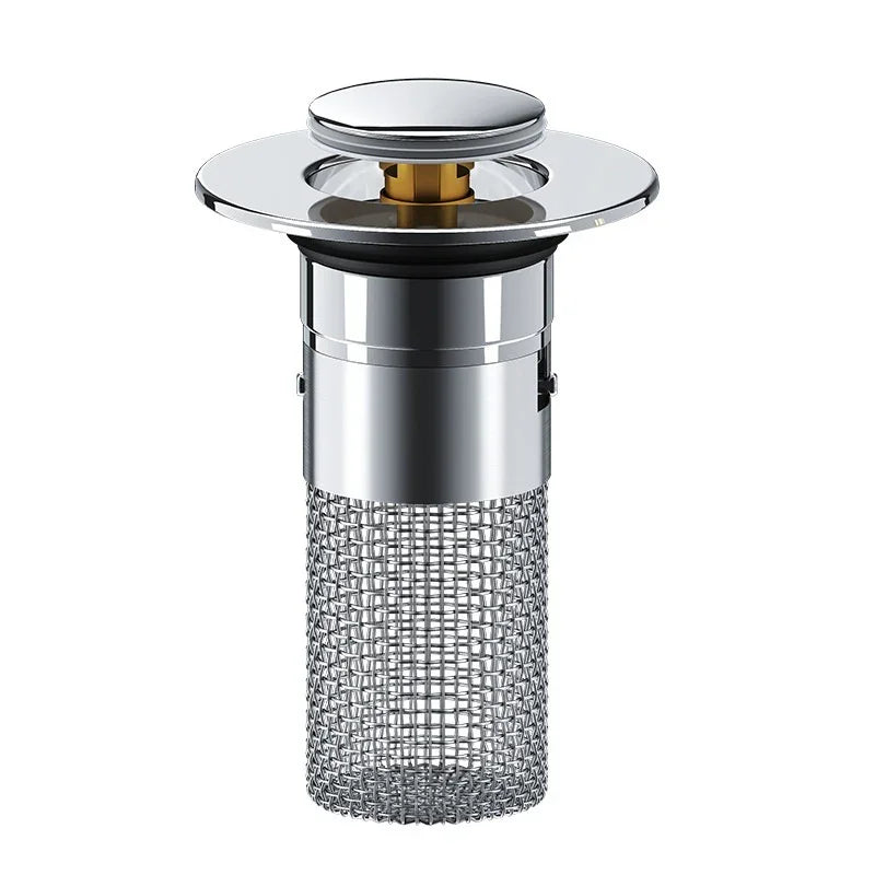 Chrome pop-up sink drain with metal mesh filter and modern cylindrical design