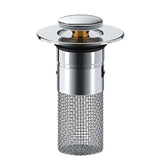 Chrome pop-up sink drain with metal mesh filter and modern cylindrical design