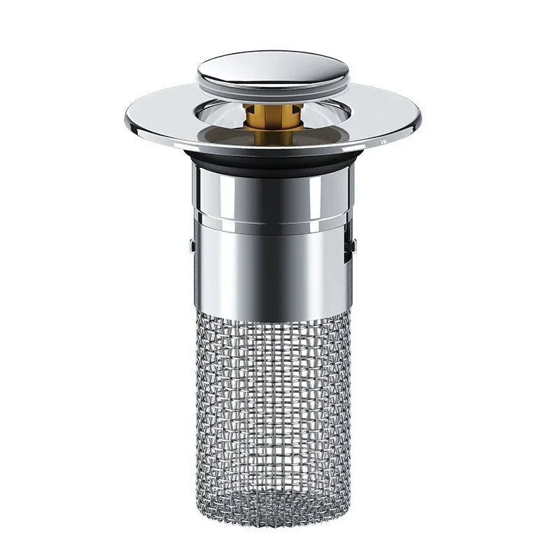 Chrome pop-up sink drain with metal mesh filter and modern cylindrical design