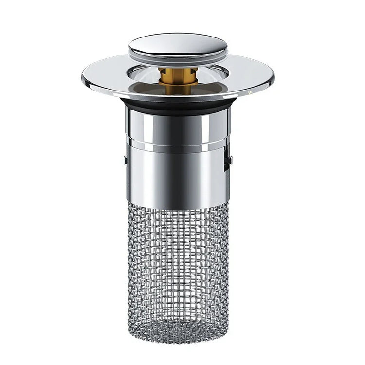 Chrome pop-up sink drain with metal mesh filter and modern cylindrical design