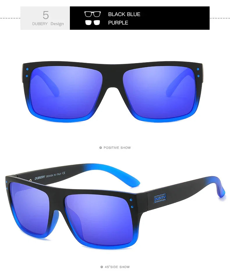 Matte black-blue sunglasses with reflective purple lenses, bold square frame, streetwear style