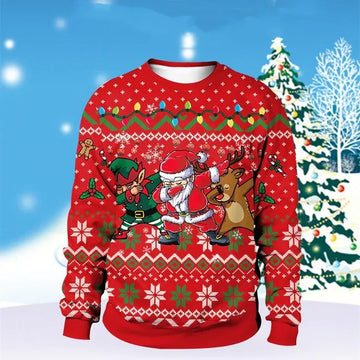 Red Christmas sweater with cartoon Santa, elf, and reindeer, festive pattern, relaxed fit
