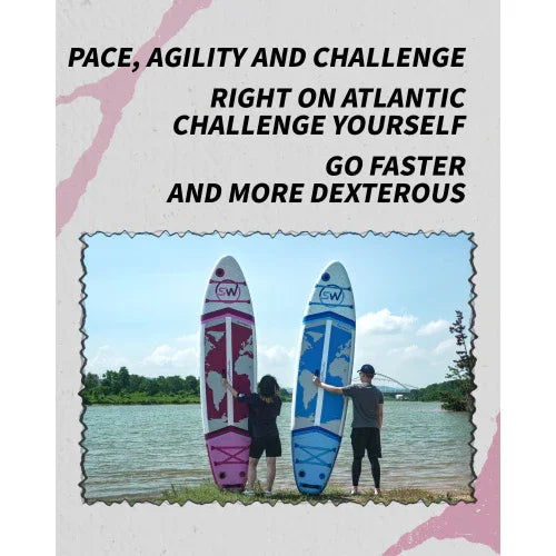 Two people in casual streetwear, standing beside pink and blue paddleboards by a lake