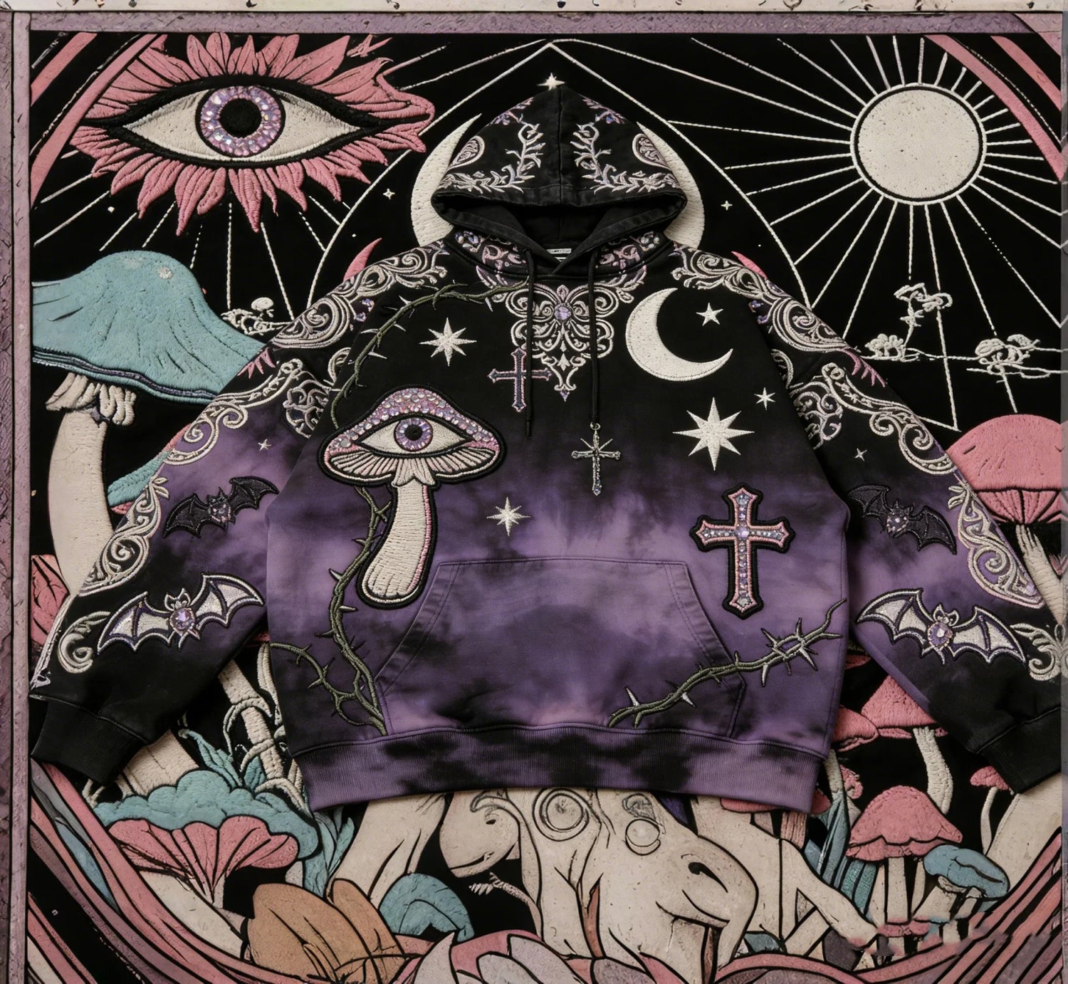 Purple and black streetwear hoodie with celestial, mushroom, and gothic cross patches, relaxed fit