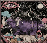 Purple and black streetwear hoodie with celestial, mushroom, and gothic cross patches, relaxed fit