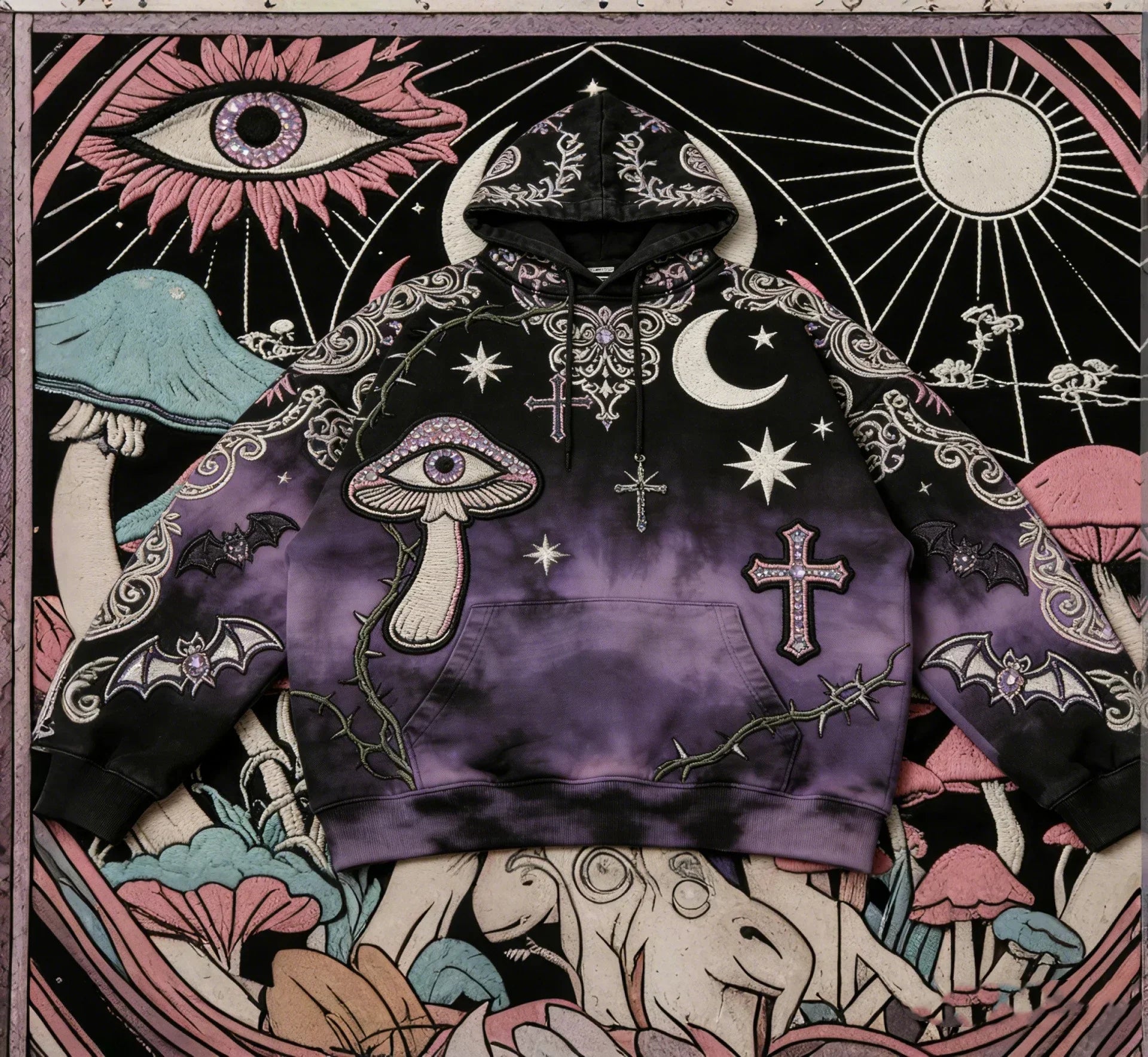 Purple and black streetwear hoodie with celestial, mushroom, and gothic cross patches, relaxed fit