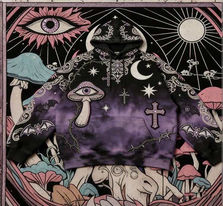 Purple and black streetwear hoodie with celestial, mushroom, and gothic cross patches, relaxed fit