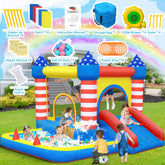 Colorful inflatable bounce house with stars and stripes, slide, ball pit, and kids playing outdoors