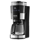 Black and stainless steel coffee maker with digital display and glass carafe