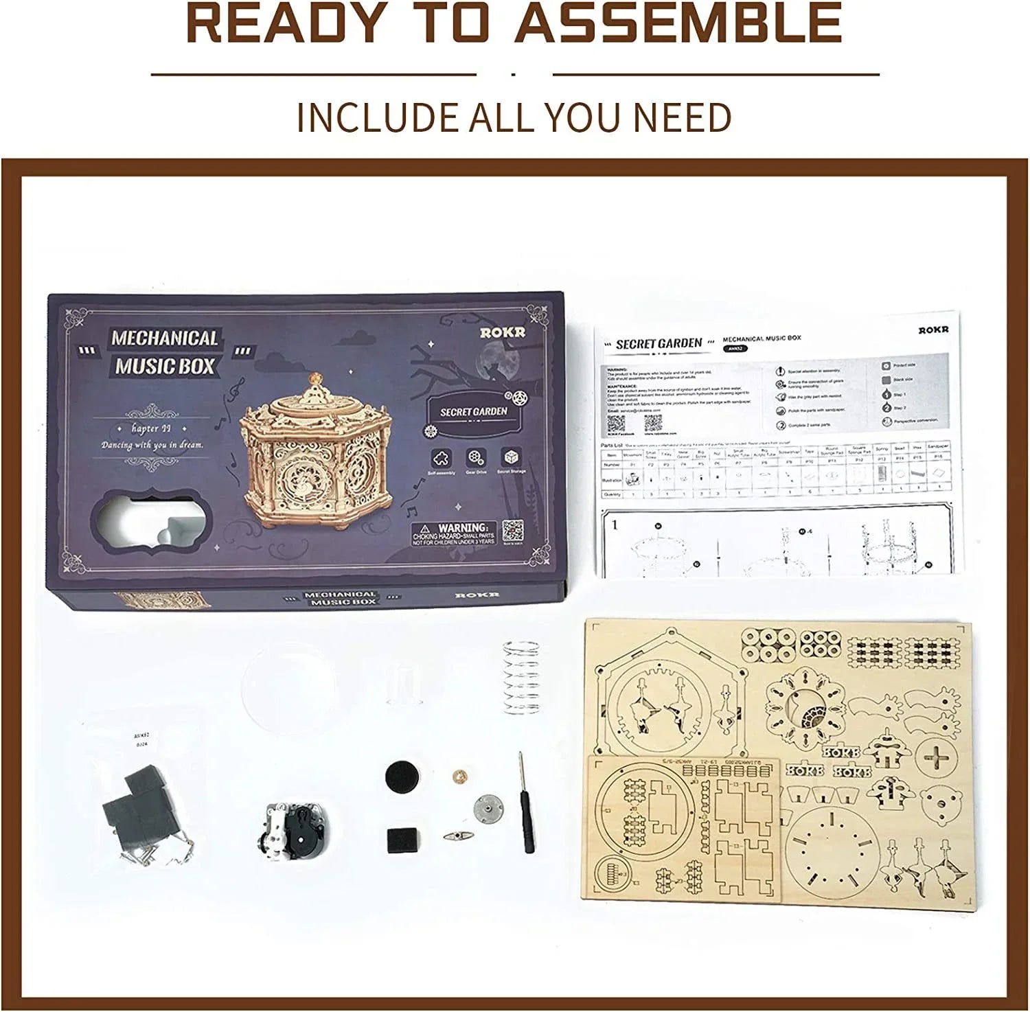 DIY wooden mechanical music box kit with intricate laser-cut parts and assembly tools