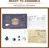 DIY wooden mechanical music box kit with intricate laser-cut parts and assembly tools