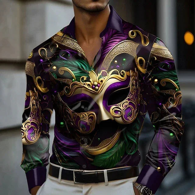 Men's slim-fit button-down shirt with bold purple, gold, and green masquerade mask print
