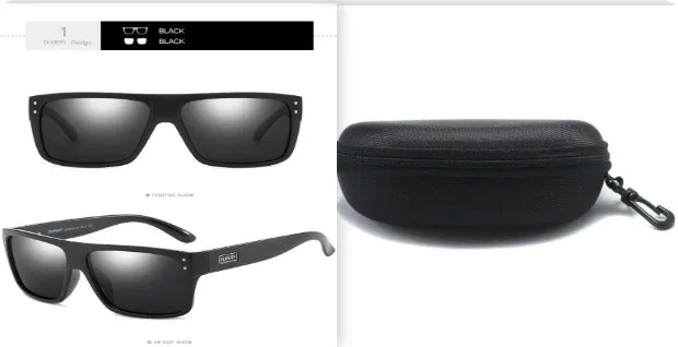 Black square sunglasses with matte finish and hard zippered carrying case