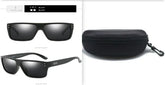Black square sunglasses with matte finish and hard zippered carrying case
