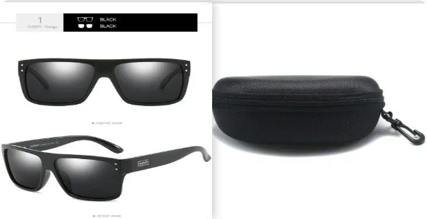 Black square sunglasses with matte finish and hard zippered carrying case