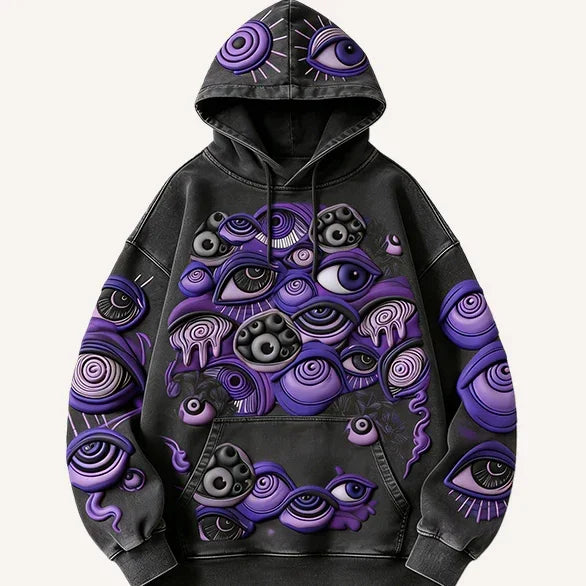 Black oversized hoodie with bold purple surreal eye graphics, streetwear style, relaxed fit