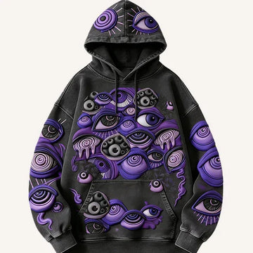 Black oversized hoodie with bold purple surreal eye graphics, streetwear style, relaxed fit