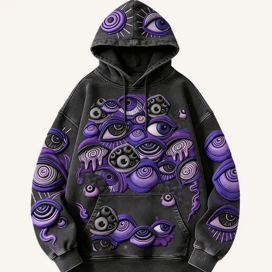 Black oversized hoodie with bold purple surreal eye graphics, streetwear style, relaxed fit