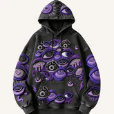 Black oversized hoodie with futuristic purple eye graphics, streetwear style, relaxed fit