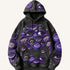 Black oversized hoodie with futuristic purple eye graphics, streetwear style, relaxed fit