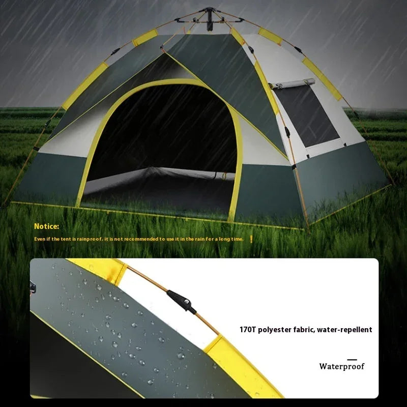 Green and yellow waterproof polyester tent with rainproof cover, pitched on grass in rain