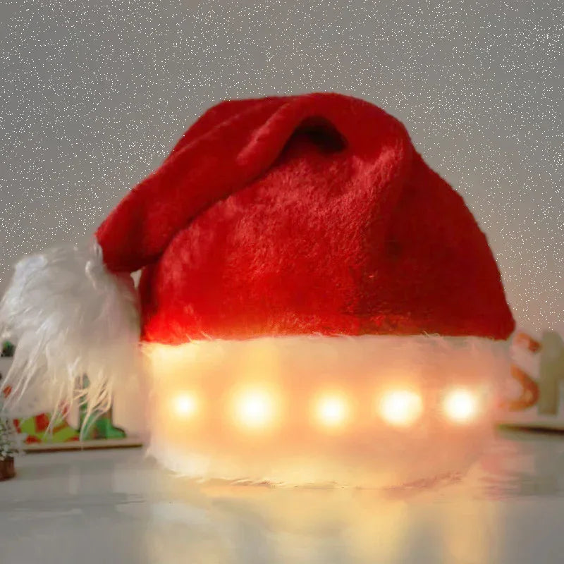 Red plush Santa hat with white faux fur trim and built-in LED lights, festive accessory