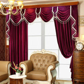 Elegant living room with deep burgundy velvet curtains and ornate tufted armchair