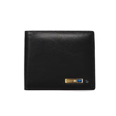 Sleek black leather wallet with a smooth finish and slim, classic bi-fold design
