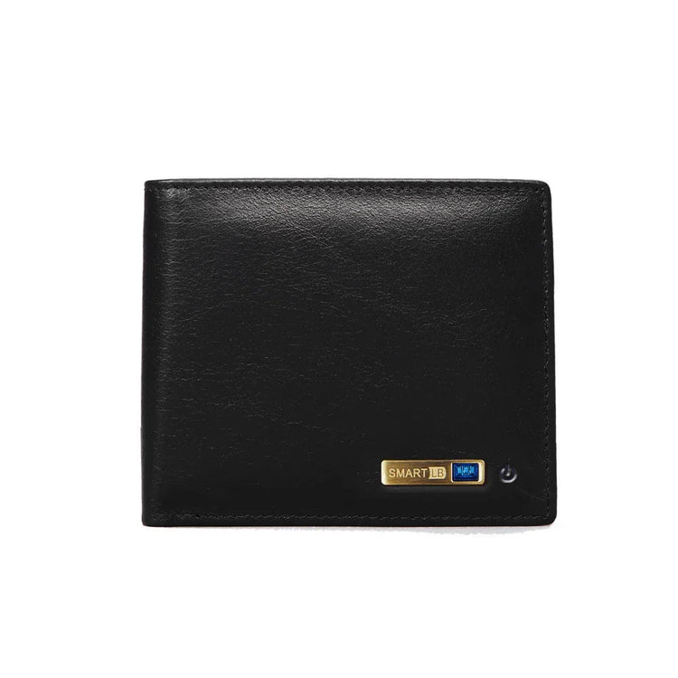 Sleek black leather wallet with a smooth finish and slim, classic bi-fold design
