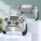 Wireless silver gaming controllers with black accents, ergonomic grip, modern design