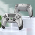 Wireless silver gaming controllers with black accents, ergonomic grip, modern design