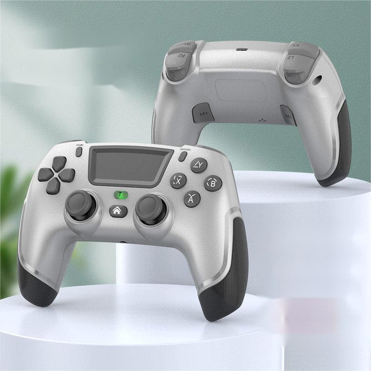 Wireless silver gaming controllers with black accents, ergonomic grip, modern design
