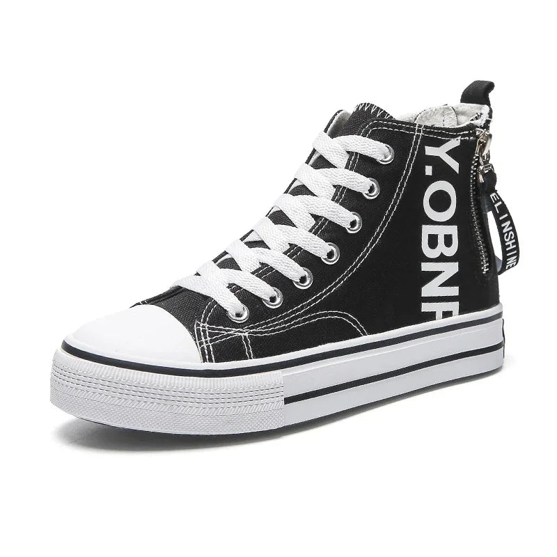 Black high top canvas sneaker with white laces, bold side lettering, and striped sole