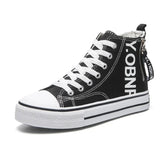 Black high top canvas sneaker with white laces, bold side lettering, and striped sole