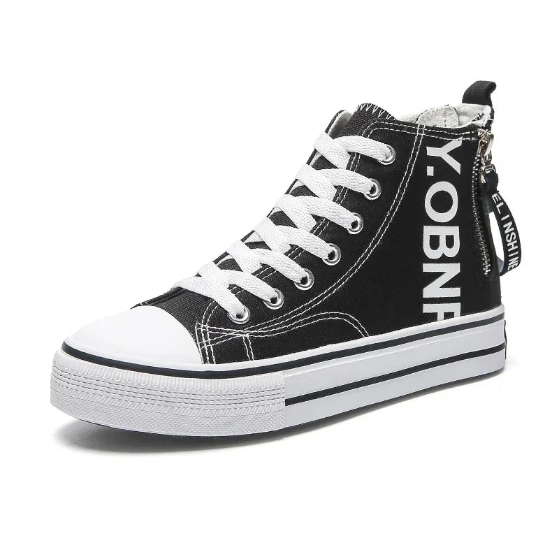 Black high top canvas sneaker with white laces, bold side lettering, and striped sole