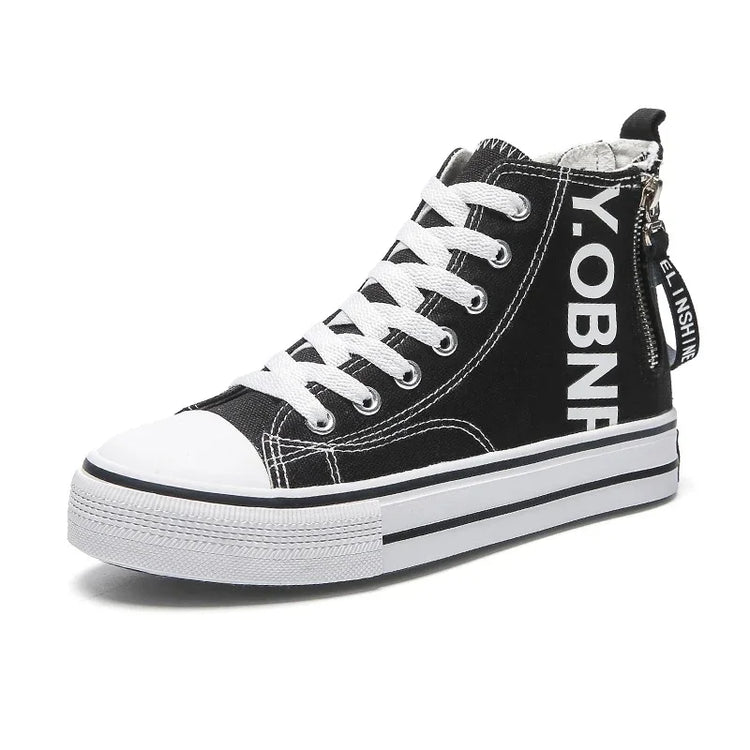 Black high top canvas sneaker with white laces, bold side lettering, and striped sole