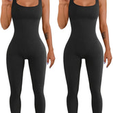 Black ribbed sleeveless jumpsuit with scoop neck, fitted stretch fabric, full-length legs